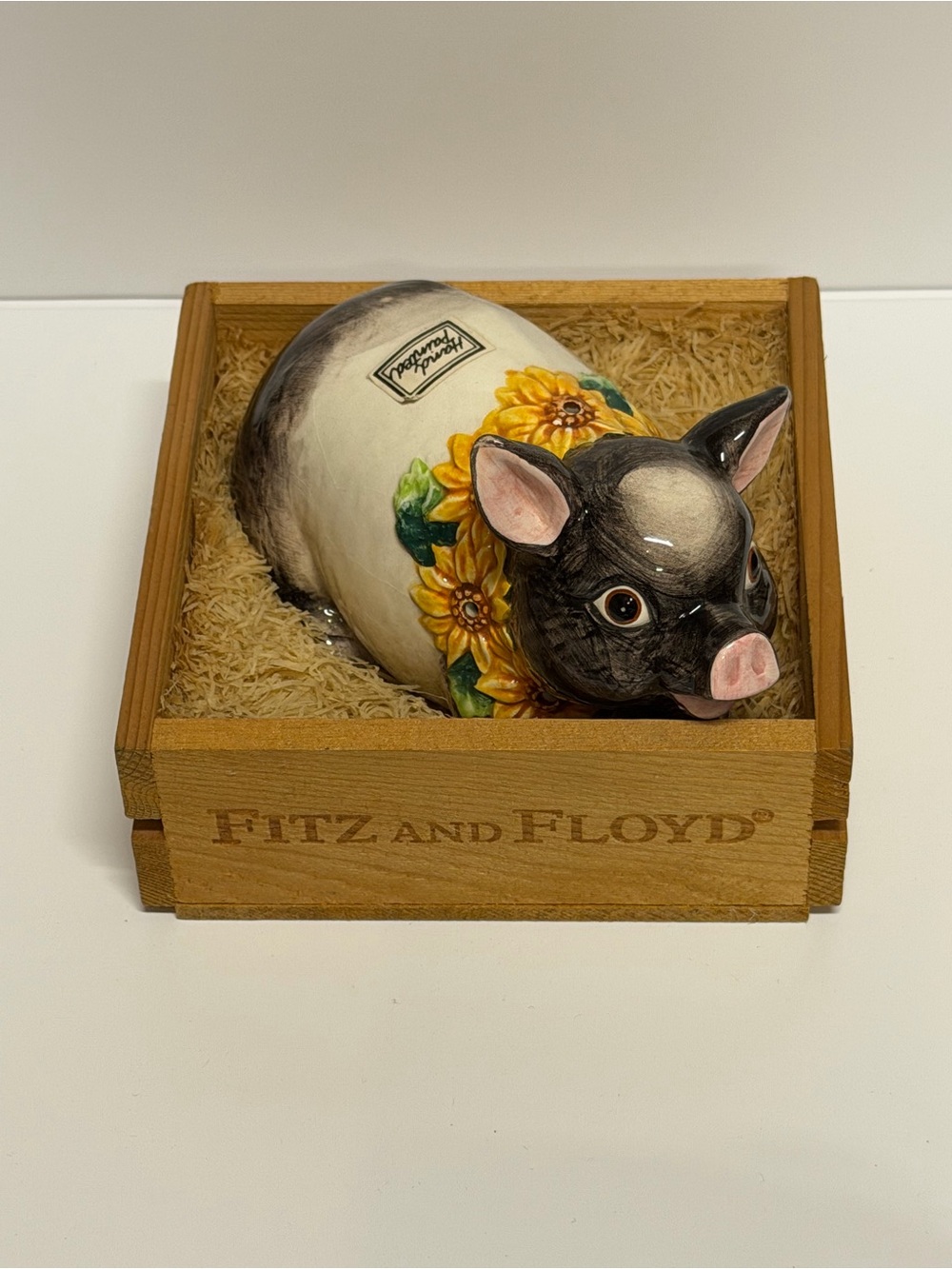 Fitz and Floyd Black & White Pig in a pen with Yellow Sunflowers.